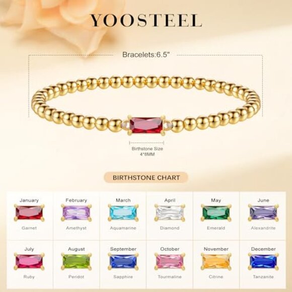 Dainty Elastic Birthstone Bracelet 14K Gold Plated Minimal Chic Jewelry Gift - Picture 6 of 8